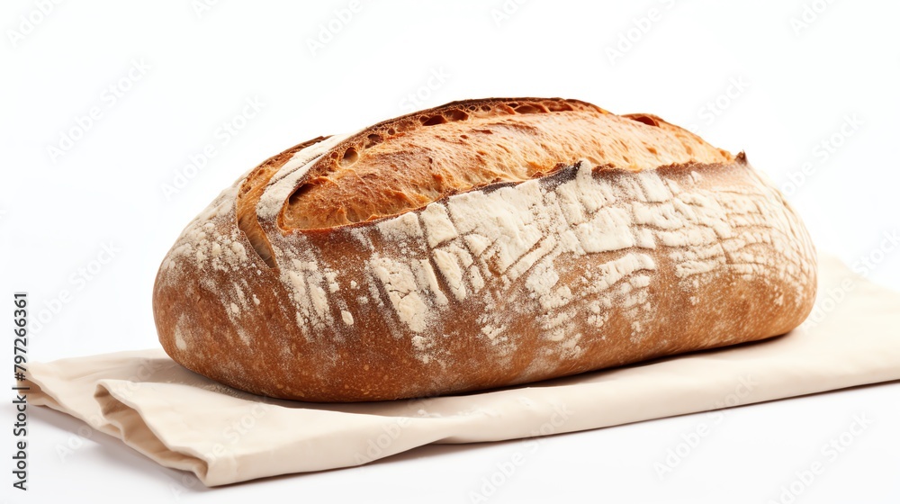 Artisan bread loaf with a crusty exterior and soft inside, photographed on an isolated white background, highlighting its rustic texture and home-baked quality.