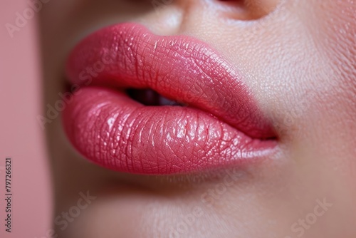 A kiss lips in pink shot from under nose to shoulder person mouth human.