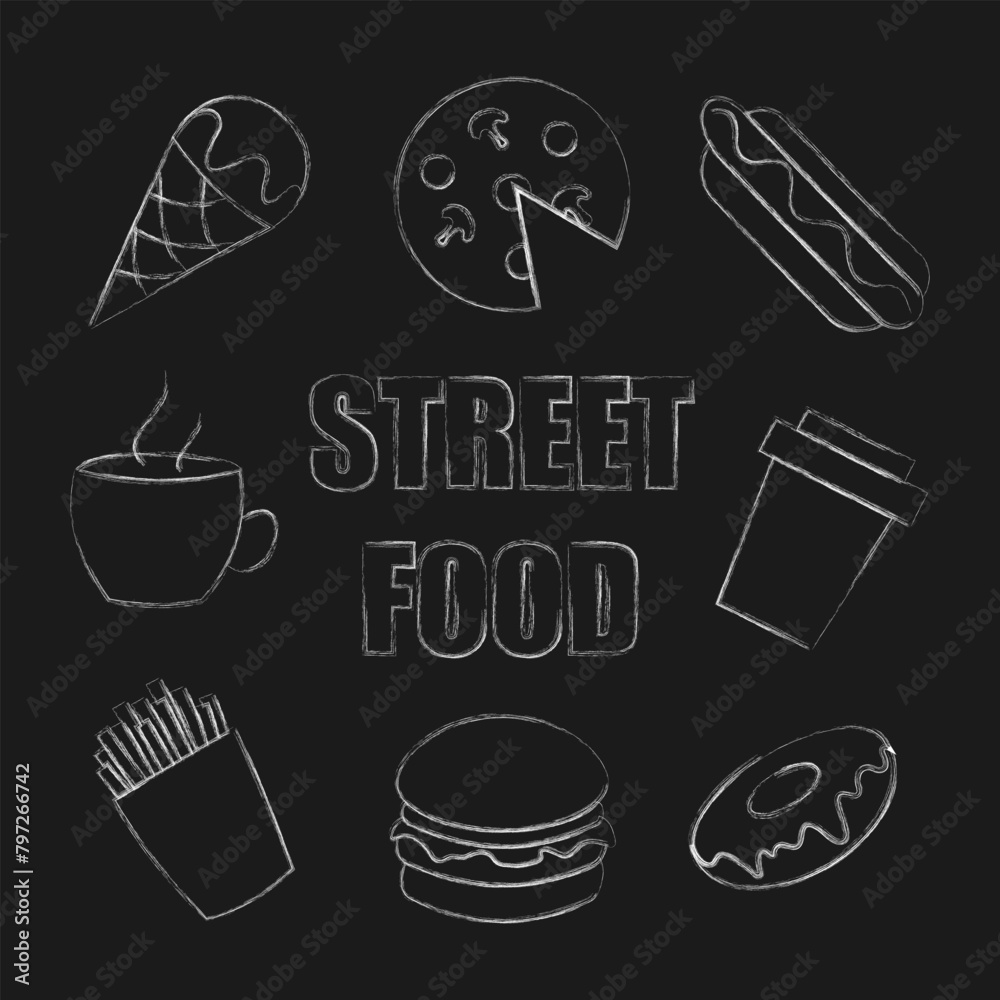 Black and white hand drawn doodle street food set Stock Vector | Adobe ...