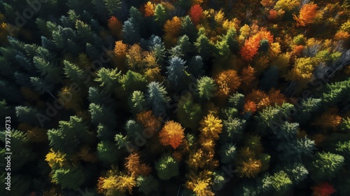 Drone shot over a lush green forest during autumn  highlighting the vivid colors and dense canopy  offering a breathtaking natural perspective.