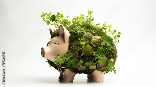 Eco-friendly piggy bank made of recycled materials, with green plants growing out of it, set against an isolated white background, merging the ideas of sustainability and saving. photo