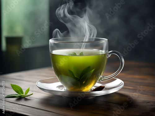 portrait of a cup of steamy tea placed on a table, with green tea on the table around the Transparent glass teacup.