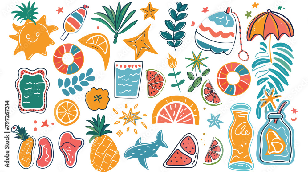 Summer holiday sticker pack cute elements doodle illustration