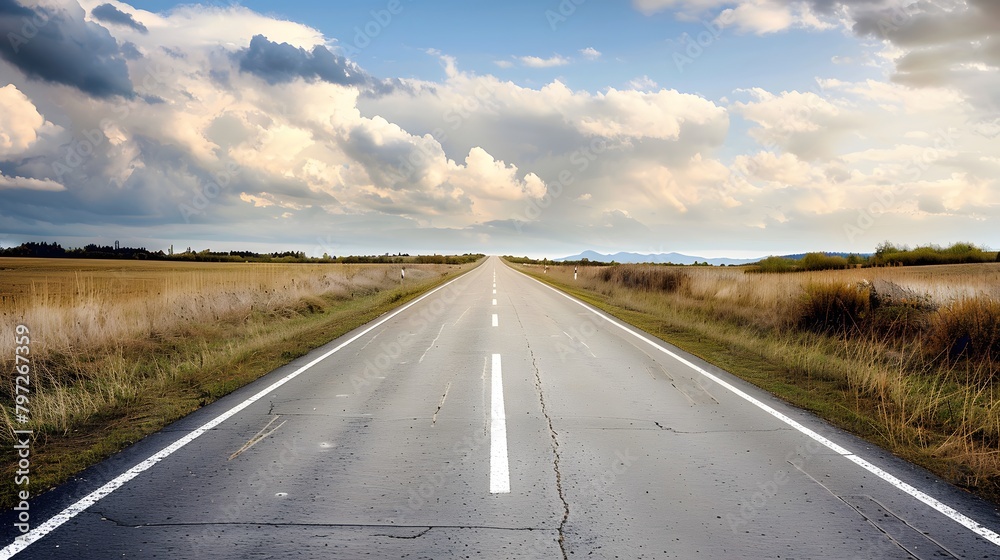 An empty road leading into the distance, with clouds in the sky and fields on both sides. Creating a sense of calmness and focus.