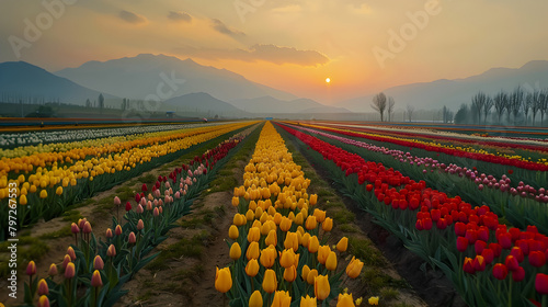 field of tulips in spring flowers AI generated  #797267553