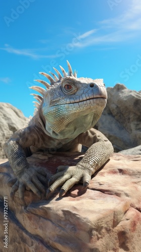 iguana standing on rock looking out at ocean