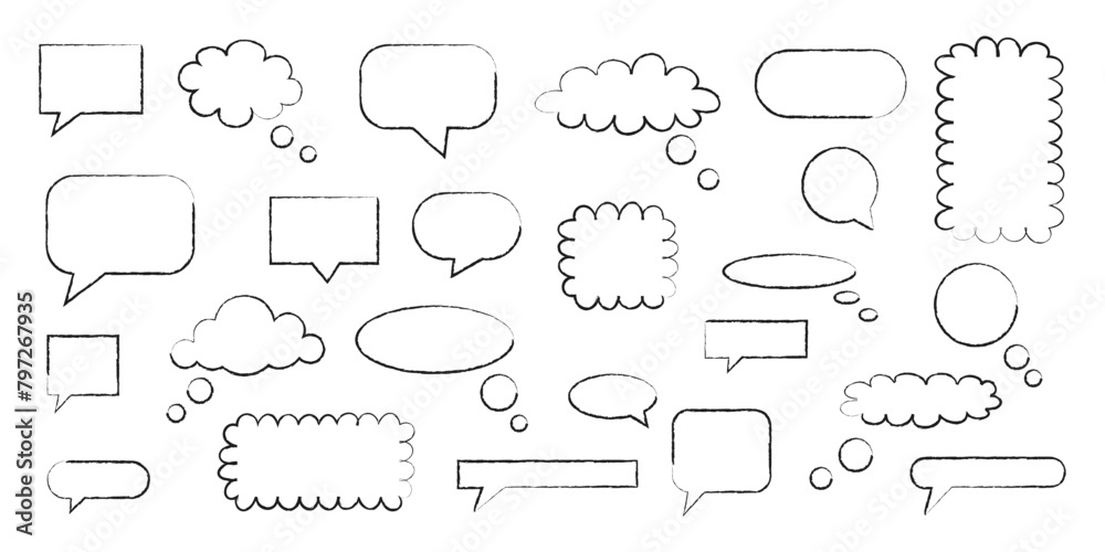 Black and white collection of hand drawn speech bubble doodle set design Black and white collection of hand drawn speech bubble doodle set design