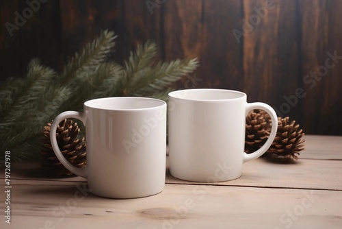 A mockup of two blank white coffee mugs sitting side by side on an old wooden table, pine cones and evergreen branches in the background © Moose