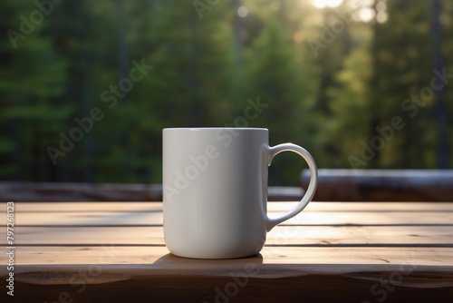 A blank white coffee mug on an outdoor wooden table, with the morning sun casting gentle shadows and a forest in soft focus behind it