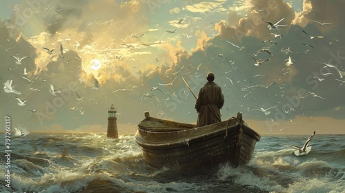 Art Nouveau, cinematic, gloucester fisherman on trawler, seagulls above, lighthouse in the distance photo
