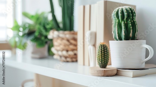 Photo of modern interior design closeup photo of white shelf with books and wooden figurine on the right side cactus in pot behind