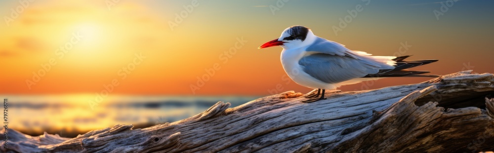 A beautiful seagull standing on a log at sunset. A beautiful seagull standing on a log at sunset.
