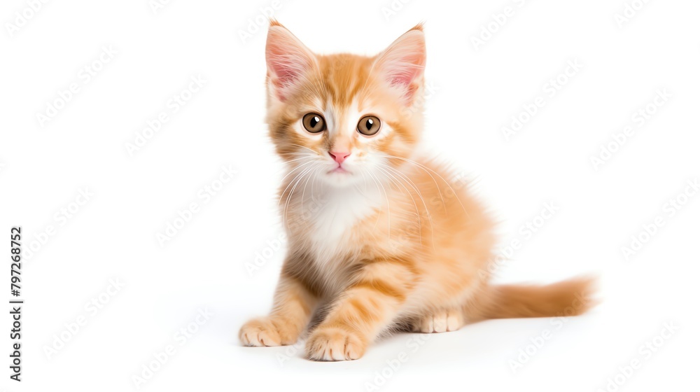 Playful orange tabby kitten looking curiously at the camera, set against an isolated white background, highlighting its fluffy fur and playful demeanor.