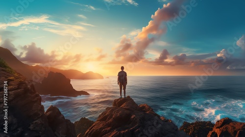 Peaceful scene of a solo traveler standing on a cliff overlooking the ocean at sunset, symbolizing contemplation and the majesty of natural settings.