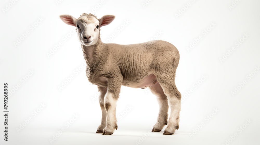 Fototapeta premium Young lamb standing in a relaxed pose, photographed against an isolated white background, showcasing its innocence and soft wool texture.