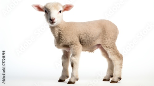 Young lamb standing in a relaxed pose, photographed against an isolated white background, showcasing its innocence and soft wool texture.
