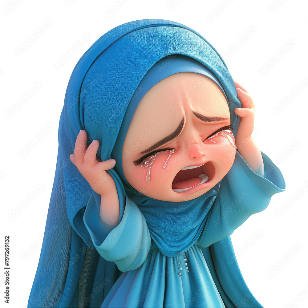 On a stark transparent background an Asian Muslim cartoon woman is ...