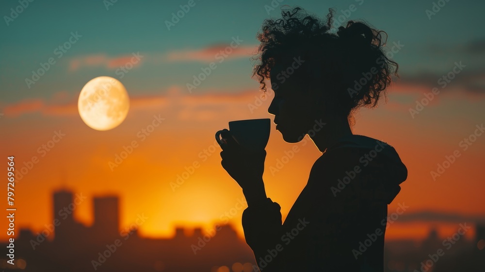 person drinking coffee, half-moon in the the sky