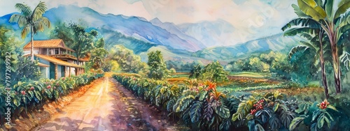 water color, long shot, colorful, Mexican coffee farm photo