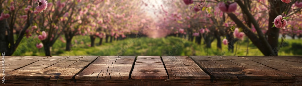 A wooden table in an orchard with cherry blossoms in the background.