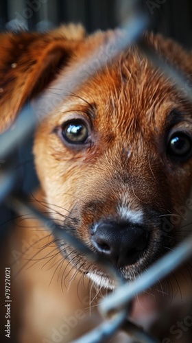 A brown puppy dog with big eyes looks through a chain link fence.