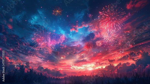 Skyward Celebration: Fireworks and Crowds under the Night Sky photo
