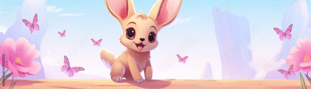 A cute cartoon fennec fox sitting on a rock in a field of flowers, with butterflies flying around it. The background is a soft, pastel-colored sky with clouds.