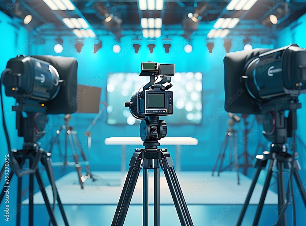 Photo of TV studio with cameras and blue background for news white table in the center camera on stand modern design