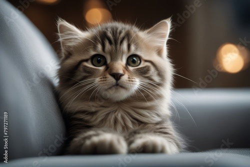 'little sofa grey cat beautiful kitten closeup furniture breed adorable playful attentive furry creature carnivore single felino1 striped cute tabby lovable mammal paw sweet view expression small' © akkash jpg