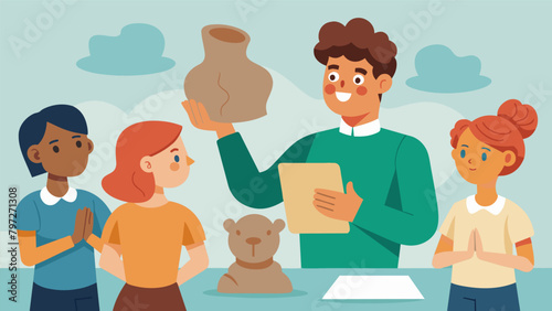 A student proudly displays their latest clay sculpture explaining the personal story behind each intricate detail. The rest of the class gathers. Vector illustration