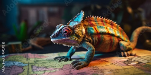 A chameleon is sitting on a detailed world map. The chameleon is very colorful and detailed.