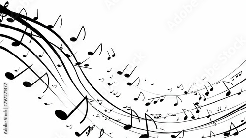 Musical notes forming an abstract wave pattern - A creative rendition of music with swirling lines of musical notes forming an abstract wave-like design on a white background