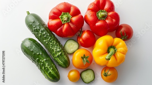 Close-up of vibrant gazpacho ingredients  fresh tomatoes  bell peppers  and cucumbers on a crisp white backdrop  studio lighting  emphasizing freshness and natural appeal