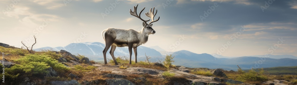 A majestic reindeer stands on a rocky hilltop, surveying the vast mountain landscape before it. A majestic reindeer stands on a rocky hilltop, surveying the vast mountain landscape before it.