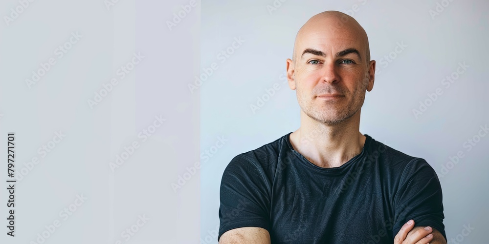 Portrait of a confident bald man - A front-facing portrait of a confident bald man with crossed arms Portrait of a confident bald man - A front-facing portrait of a confident bald man with crossed arms