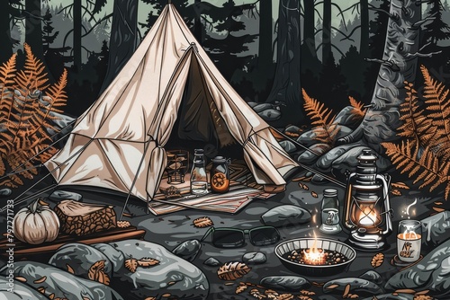 A cozy campsite in the woods with a tent, lantern, firewood, and adirondack chairs. photo