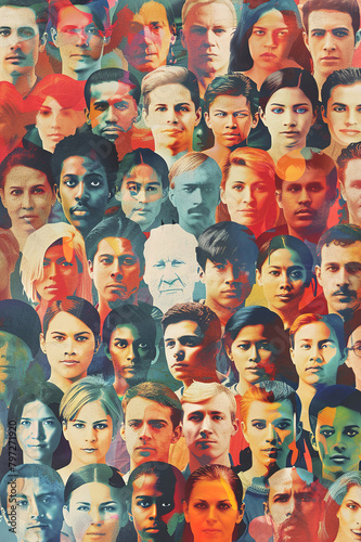 Composite image, collage of a diverse group of multicultural people.