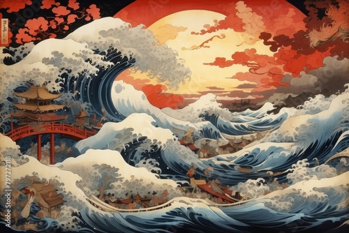 a paint of great wave with orange color dominant
