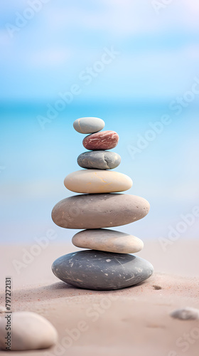 A balanced stone tower on the beach