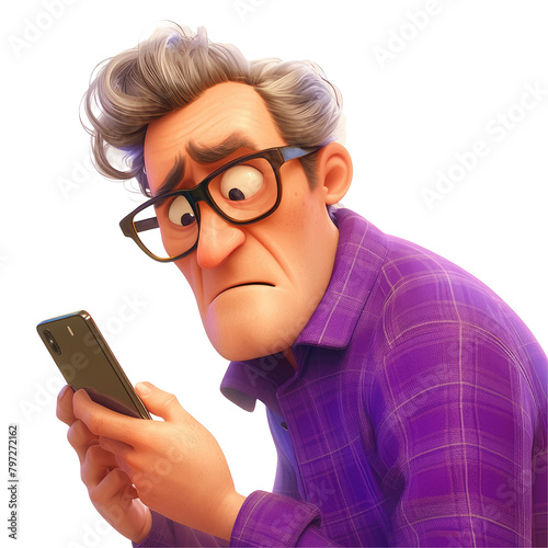 A middle aged cartoon character appears perplexed and puzzled as he gazes at his cellphone sporting glasses and a purple waffle shirt set against a transparent background