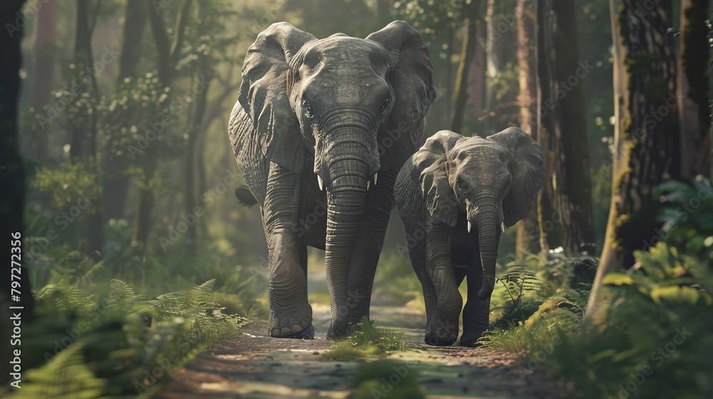 Fototapeta premium Experience the serene beauty of wildlife with our 8K close-up image capturing an elephant and calf in the wild. Perfect for nature lovers and wallpaper enthusiasts seeking tranquility.