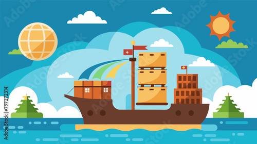 In a colonial setting a merchant ship is arriving at a distant port with a cargo of trade goods representing the emergence of global trade and