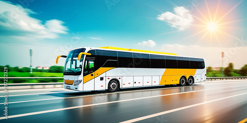 Touristic coach bus on highway road intercity regional domestic transportation driving urban modern tour traveling travel journey ride moving transport concept public comfortable passengers shuttle co