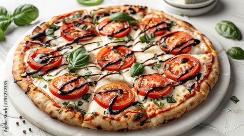 Caprese pizza on white marble, fresh tomato slices, whole mozzarella balls, basil, balsamic drizzle, bright studio light