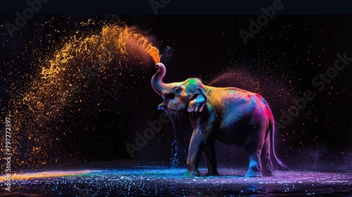 an elephant splashing vibrant colors on a dark backdrop  evoking surprise and emotion wallpaper design.