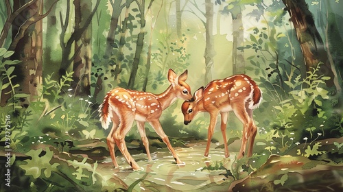 Capture the innocence of baby deer in a lush forest setting  using a soft  watercolor medium to convey their tender presence