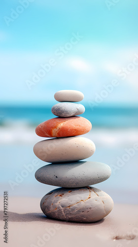 A balanced stone tower on the beach