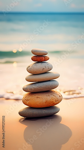 A balanced stone tower on the beach