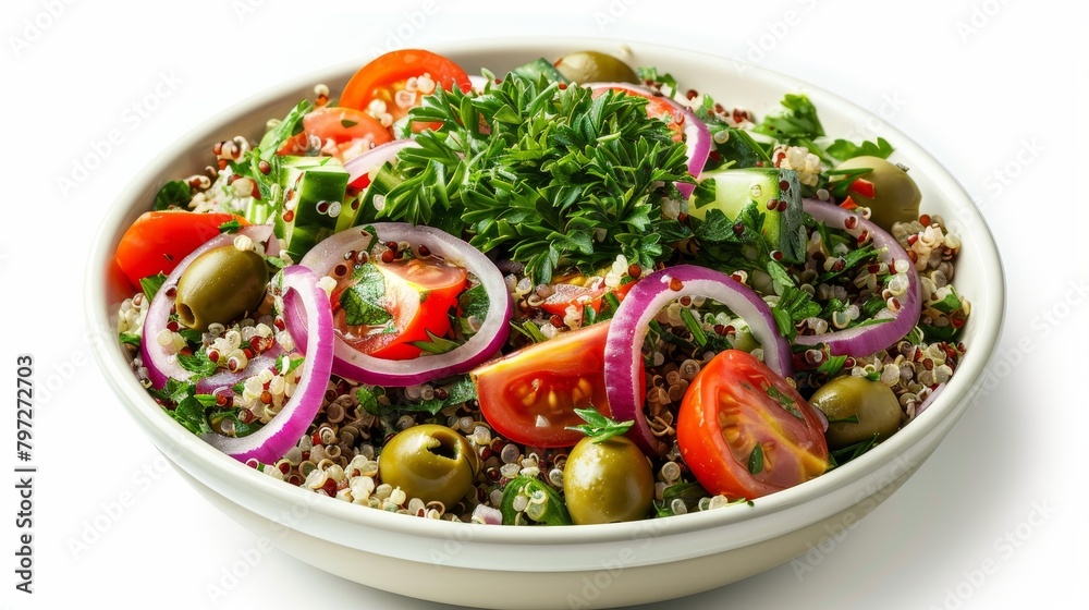 Bright top view of a vibrant Mediterranean quinoa salad with fresh red onions, juicy tomatoes, and green olives on an isolated white background, studio-lit
