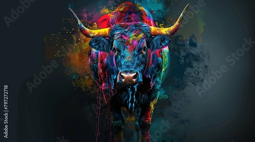 Stunning 4K wallpaper of a multicolored bull against a dark background. Captures the wild essence of this majestic animal, perfect for wildlife enthusiasts